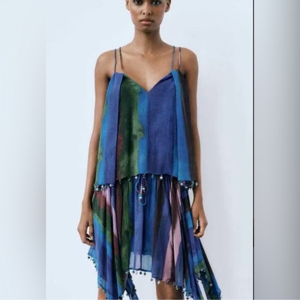 Asymmetrical Blue Green Spaghetti-Strap Dress